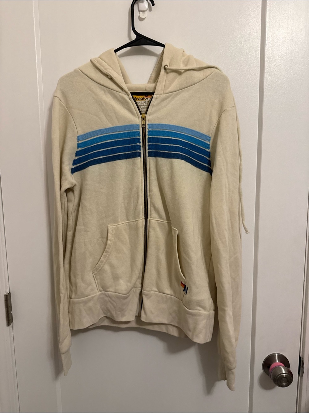 Aviator Nation Cream Zip Hoodie with Blue Stripe Bands